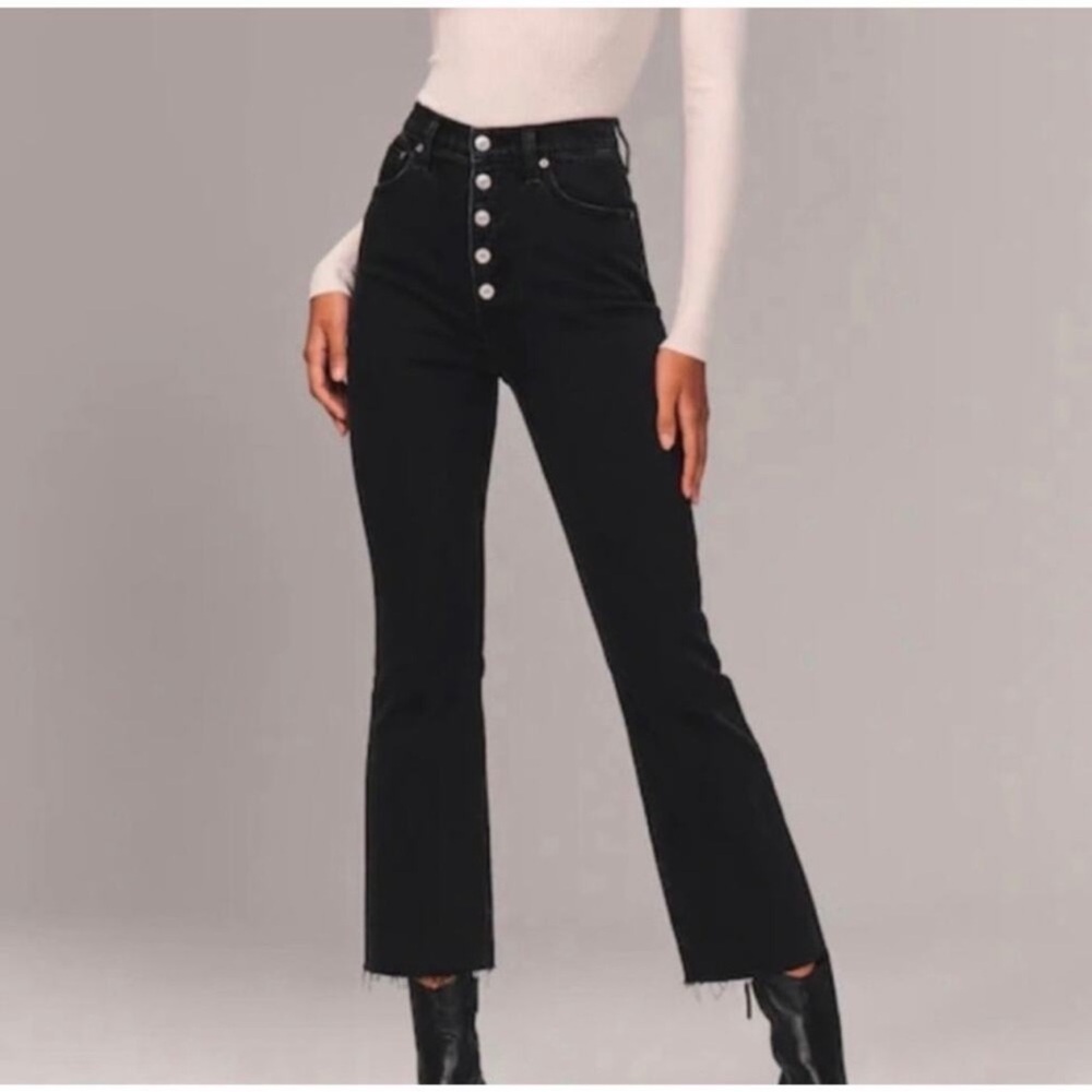 Abercrombie & Fitch Jeans Button Fly High Rise Flare Crop Raw Hem Ankle Black
